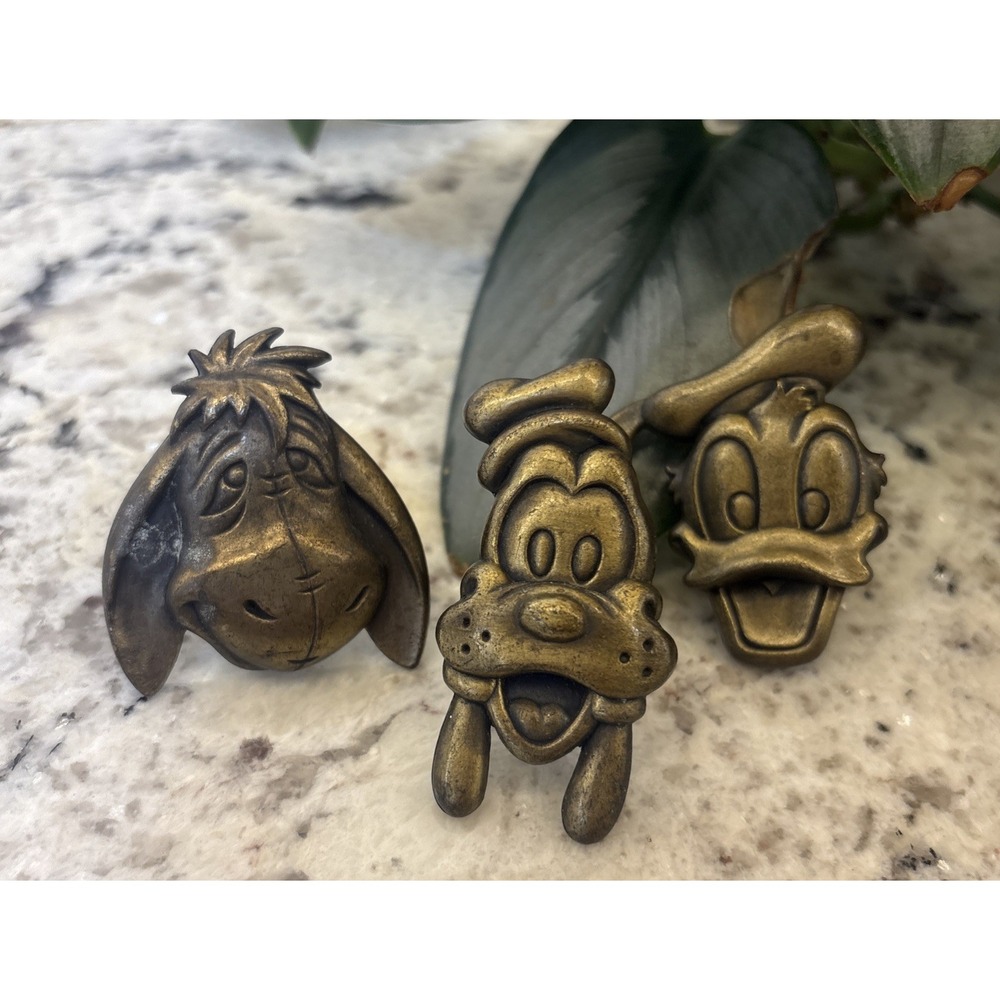 3 Brass Metal Disney Drawer Pull Knobs Goofy, Donald Duck, & Eeyore Patina VTG